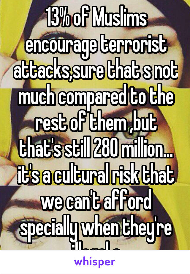 13% of Muslims encourage terrorist attacks,sure that s not much compared to the rest of them ,but that's still 280 million... it's a cultural risk that we can't afford specially when they're illegal e