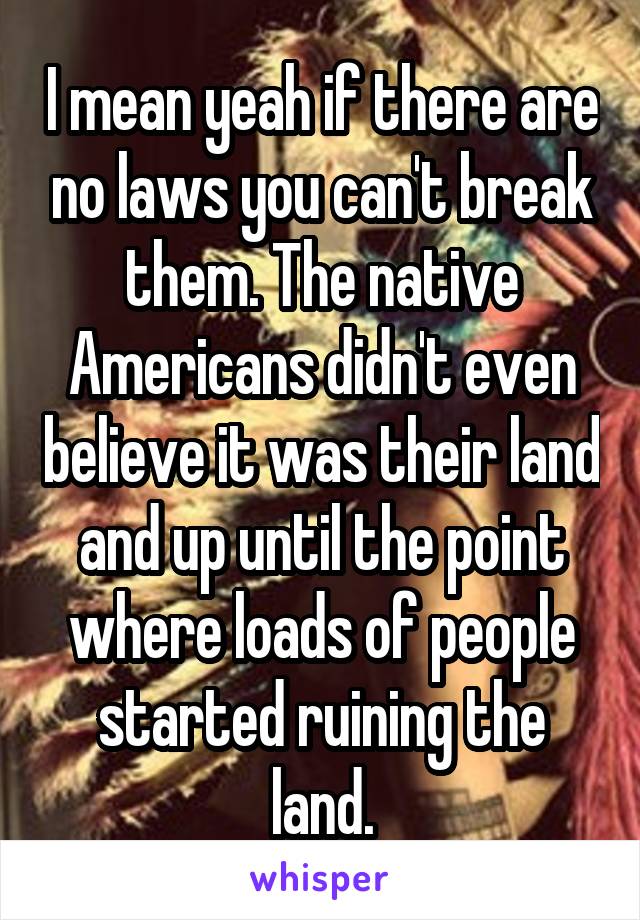 I mean yeah if there are no laws you can't break them. The native Americans didn't even believe it was their land and up until the point where loads of people started ruining the land.