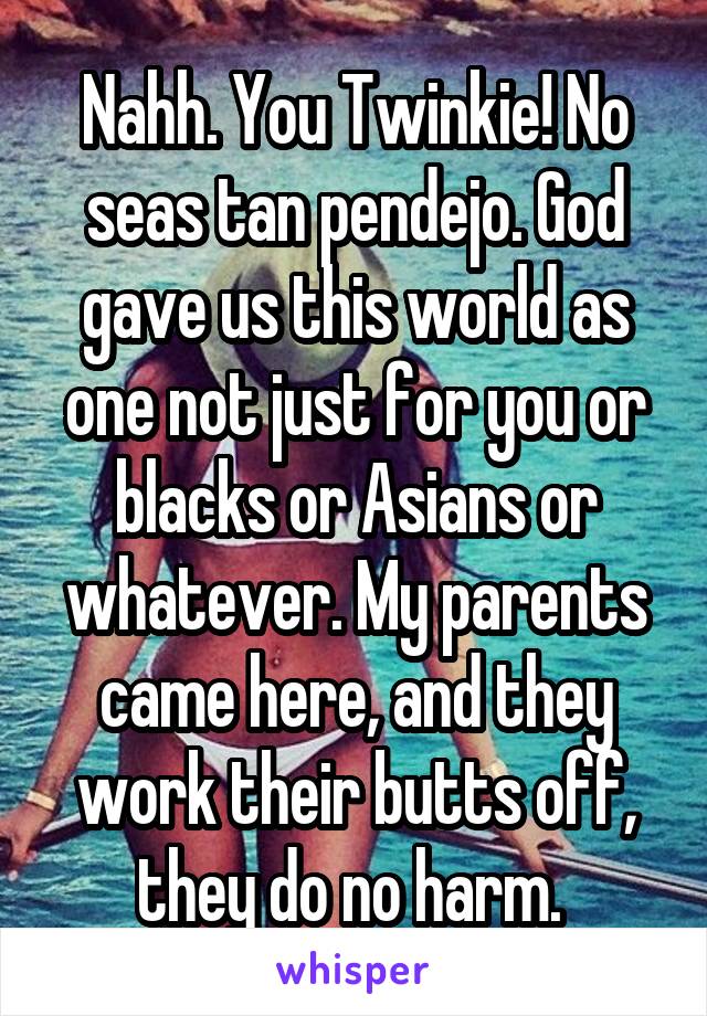 Nahh. You Twinkie! No seas tan pendejo. God gave us this world as one not just for you or blacks or Asians or whatever. My parents came here, and they work their butts off, they do no harm. 