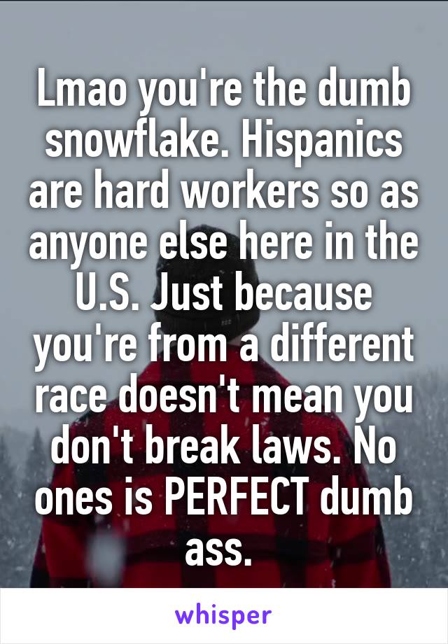 Lmao you're the dumb snowflake. Hispanics are hard workers so as anyone else here in the U.S. Just because you're from a different race doesn't mean you don't break laws. No ones is PERFECT dumb ass. 