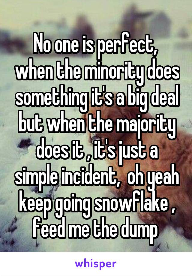 No one is perfect,  when the minority does something it's a big deal but when the majority does it , it's just a simple incident,  oh yeah keep going snowflake , feed me the dump 