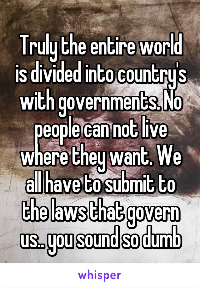 Truly the entire world is divided into country's with governments. No people can not live where they want. We all have to submit to the laws that govern us.. you sound so dumb