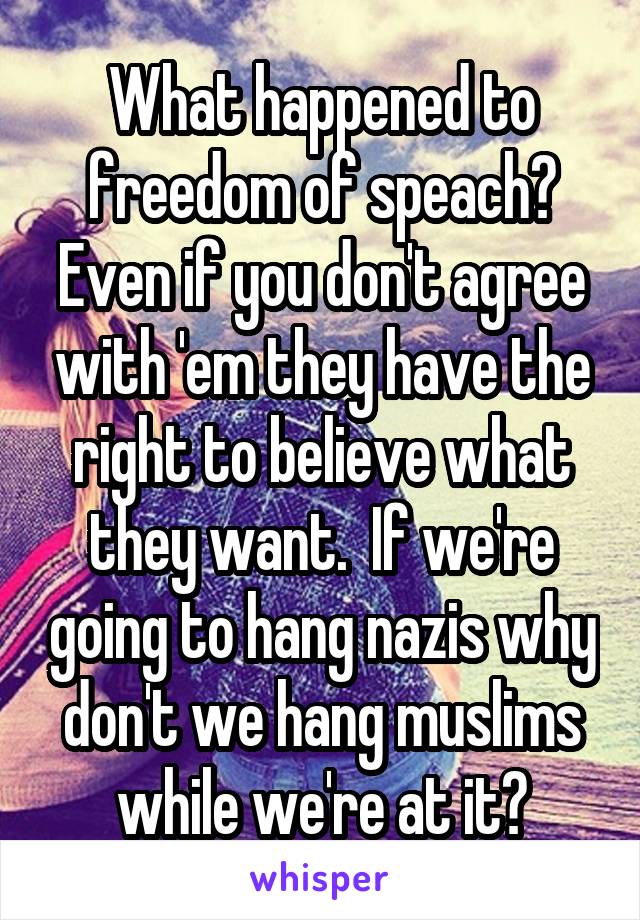 What happened to freedom of speach? Even if you don't agree with 'em they have the right to believe what they want.  If we're going to hang nazis why don't we hang muslims while we're at it?