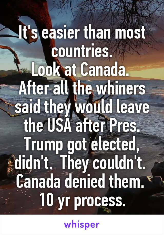 It's easier than most countries.
Look at Canada.  After all the whiners said they would leave the USA after Pres. Trump got elected, didn't.  They couldn't.  Canada denied them.  10 yr process.