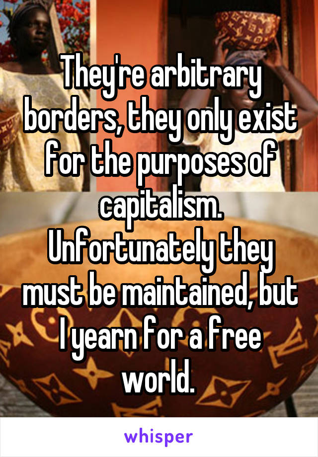 They're arbitrary borders, they only exist for the purposes of capitalism. Unfortunately they must be maintained, but I yearn for a free world. 