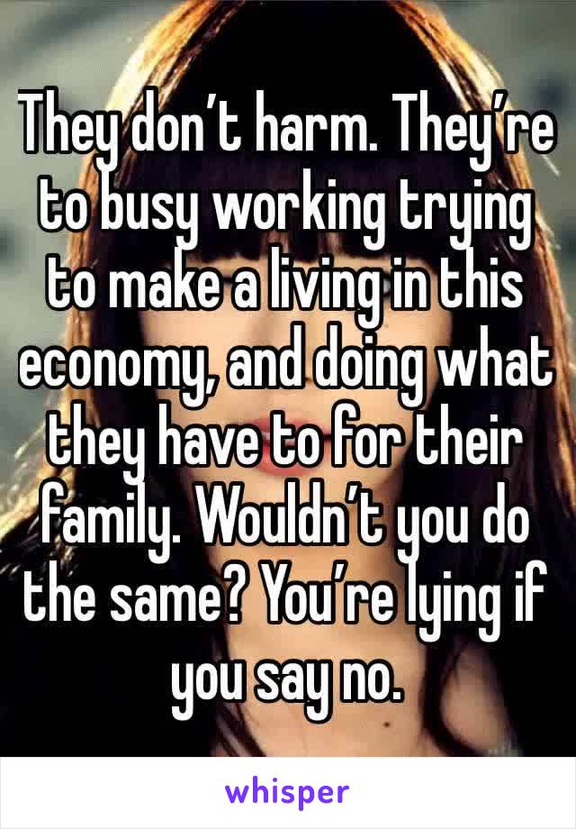 They don’t harm. They’re to busy working trying to make a living in this economy, and doing what they have to for their family. Wouldn’t you do the same? You’re lying if you say no. 