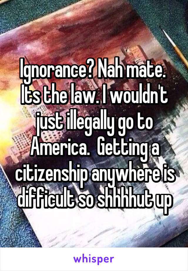 Ignorance? Nah mate.  Its the law. I wouldn't just illegally go to America.  Getting a citizenship anywhere is difficult so shhhhut up