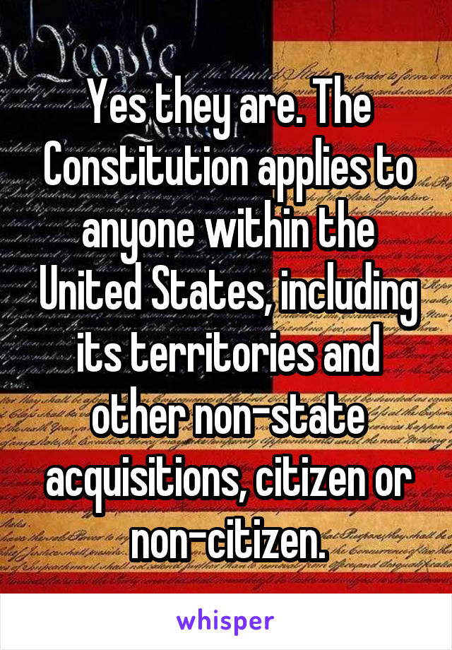 Yes they are. The Constitution applies to anyone within the United States, including its territories and other non-state acquisitions, citizen or non-citizen.