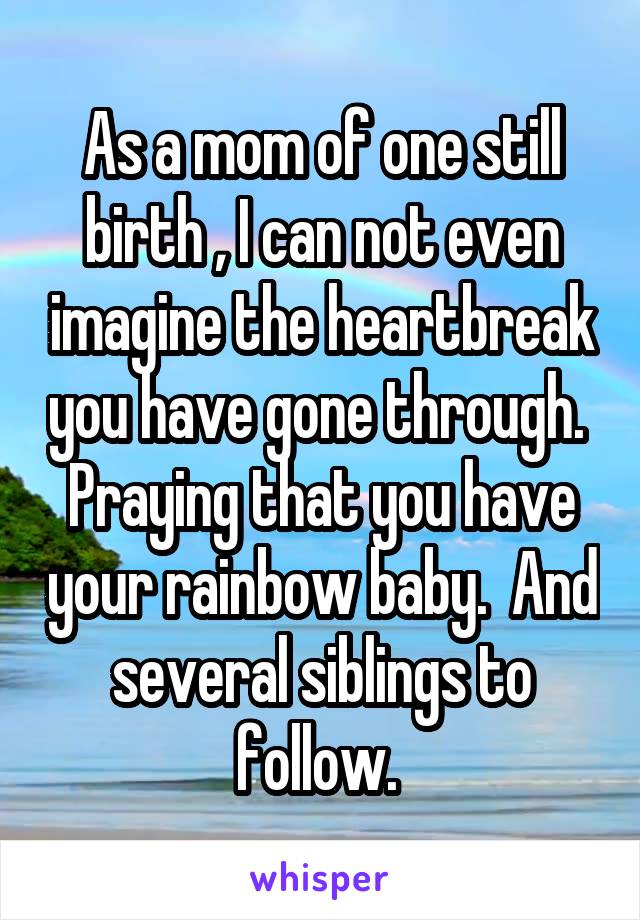 As a mom of one still birth , I can not even imagine the heartbreak you have gone through.  Praying that you have your rainbow baby.  And several siblings to follow. 