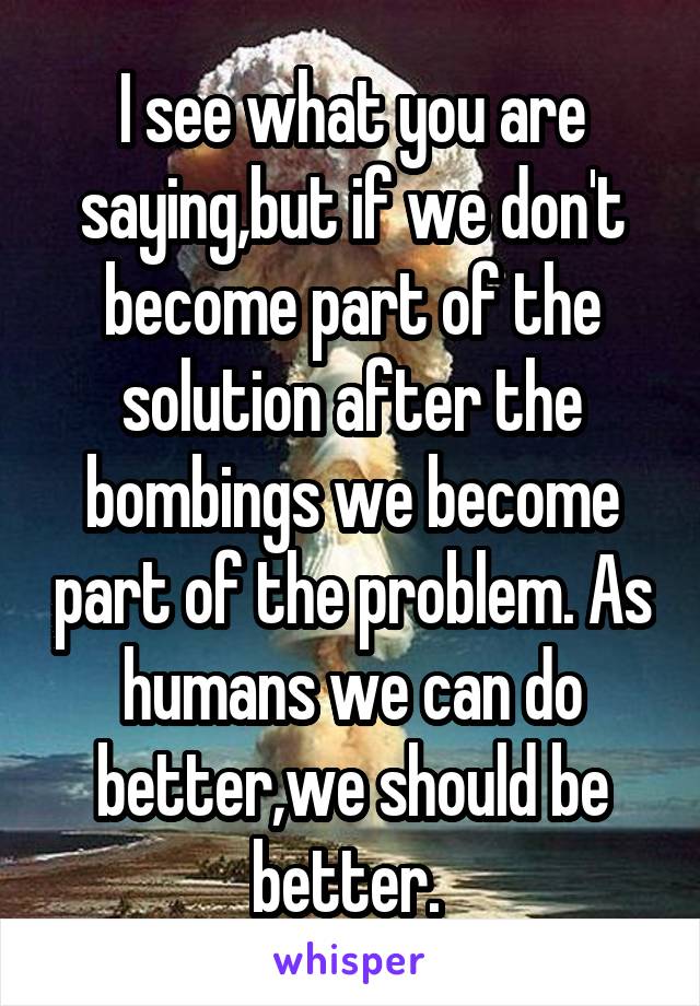 I see what you are saying,but if we don't become part of the solution after the bombings we become part of the problem. As humans we can do better,we should be better. 