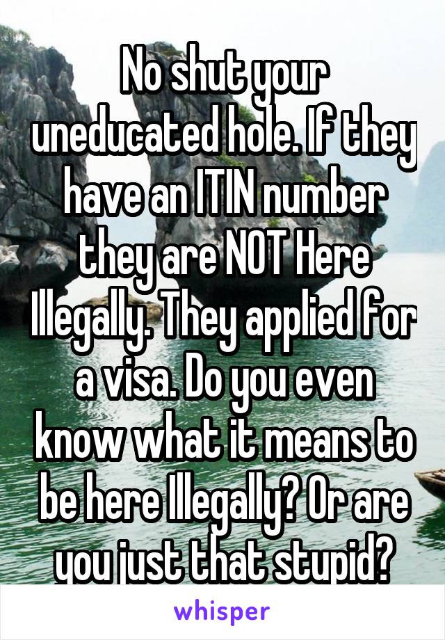 No shut your uneducated hole. If they have an ITIN number they are NOT Here Illegally. They applied for a visa. Do you even know what it means to be here Illegally? Or are you just that stupid?