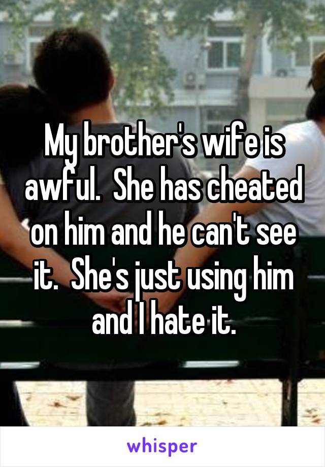 My brother's wife is awful.  She has cheated on him and he can't see it.  She's just using him and I hate it.