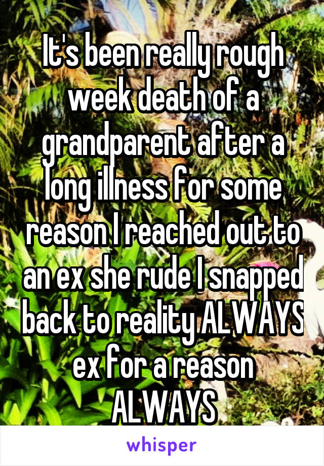 It's been really rough week death of a grandparent after a long illness for some reason I reached out to an ex she rude I snapped back to reality ALWAYS ex for a reason ALWAYS