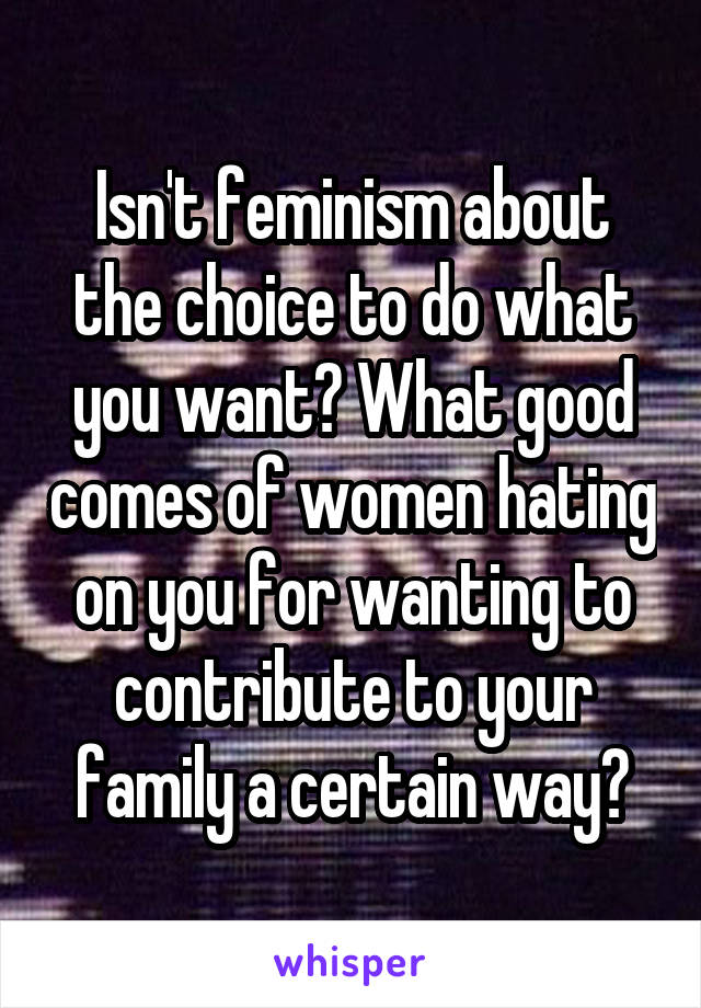 Isn't feminism about the choice to do what you want? What good comes of women hating on you for wanting to contribute to your family a certain way?