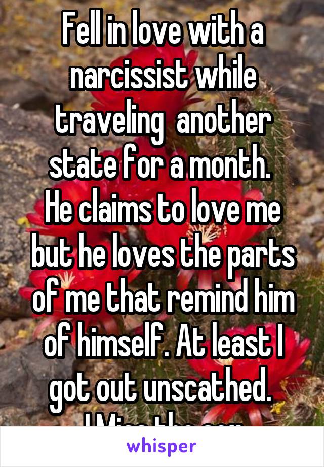 Fell in love with a narcissist while traveling  another state for a month. 
He claims to love me but he loves the parts of me that remind him of himself. At least I got out unscathed. 
I Miss the sex