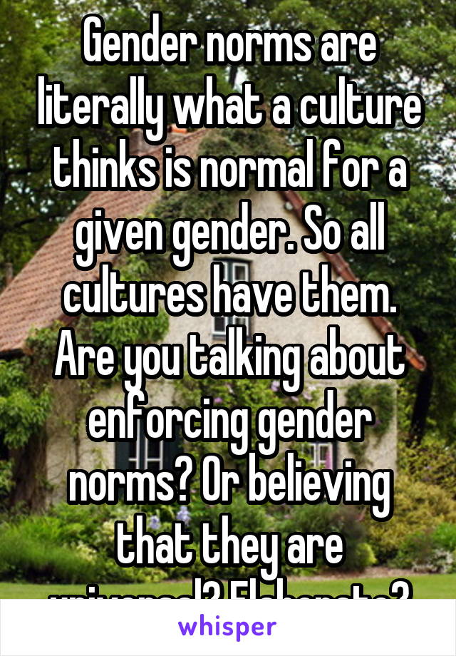 Gender norms are literally what a culture thinks is normal for a given gender. So all cultures have them. Are you talking about enforcing gender norms? Or believing that they are universal? Elaborate?