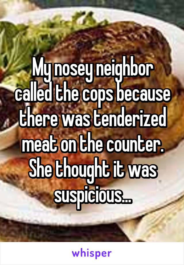 My nosey neighbor called the cops because there was tenderized meat on the counter. She thought it was suspicious...