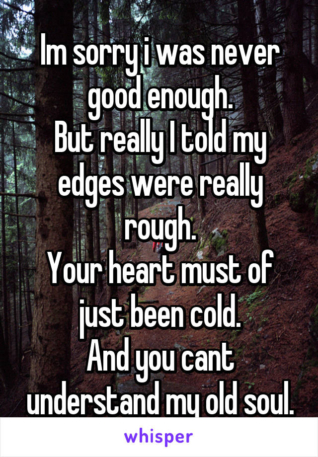 Im sorry i was never good enough.
But really I told my edges were really rough.
Your heart must of just been cold.
And you cant understand my old soul.