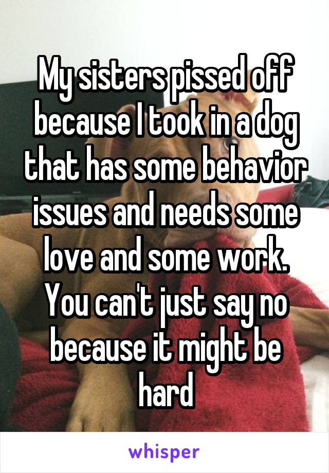 My sisters pissed off because I took in a dog that has some behavior issues and needs some love and some work. You can't just say no because it might be hard