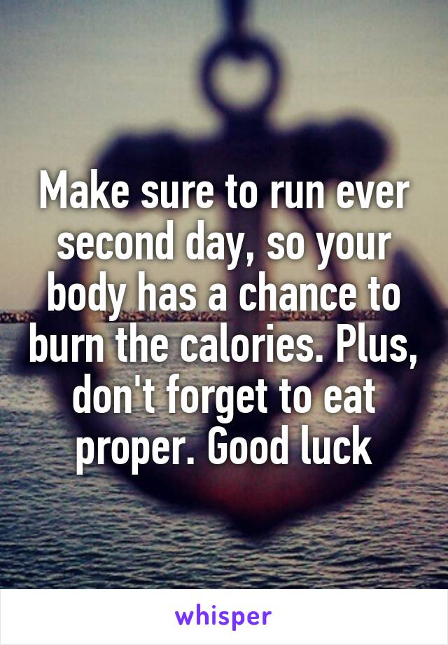 Make sure to run ever second day, so your body has a chance to burn the calories. Plus, don't forget to eat proper. Good luck