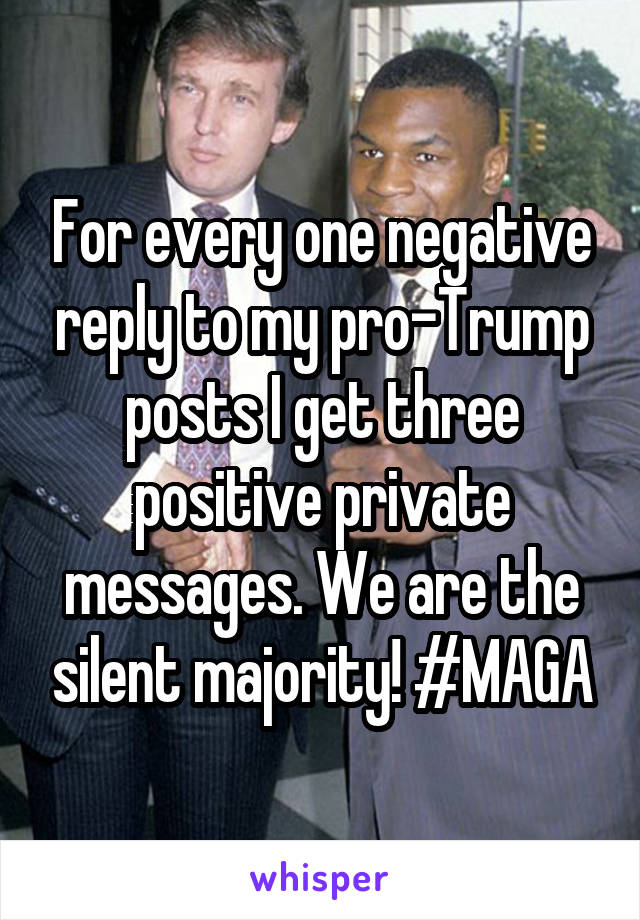 For every one negative reply to my pro-Trump posts I get three positive private messages. We are the silent majority! #MAGA