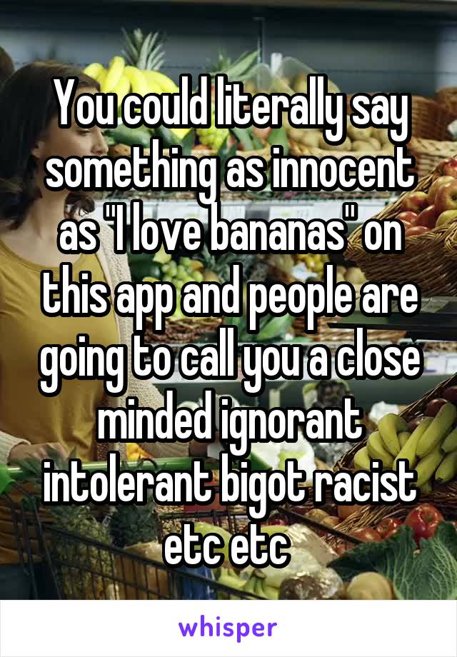 You could literally say something as innocent as "I love bananas" on this app and people are going to call you a close minded ignorant intolerant bigot racist etc etc 