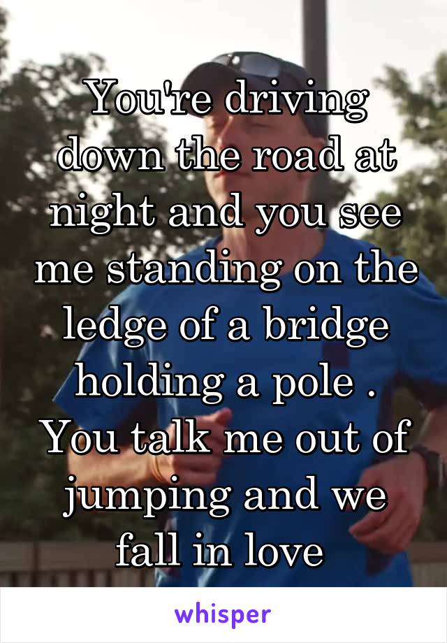 You're driving down the road at night and you see me standing on the ledge of a bridge holding a pole . You talk me out of jumping and we fall in love 