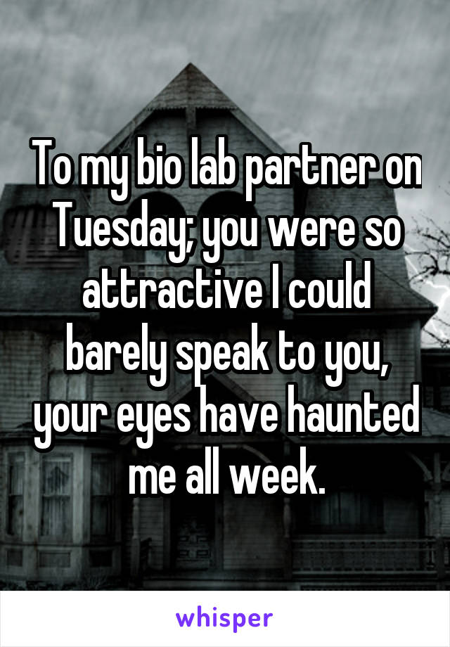 To my bio lab partner on Tuesday; you were so attractive I could barely speak to you, your eyes have haunted me all week.