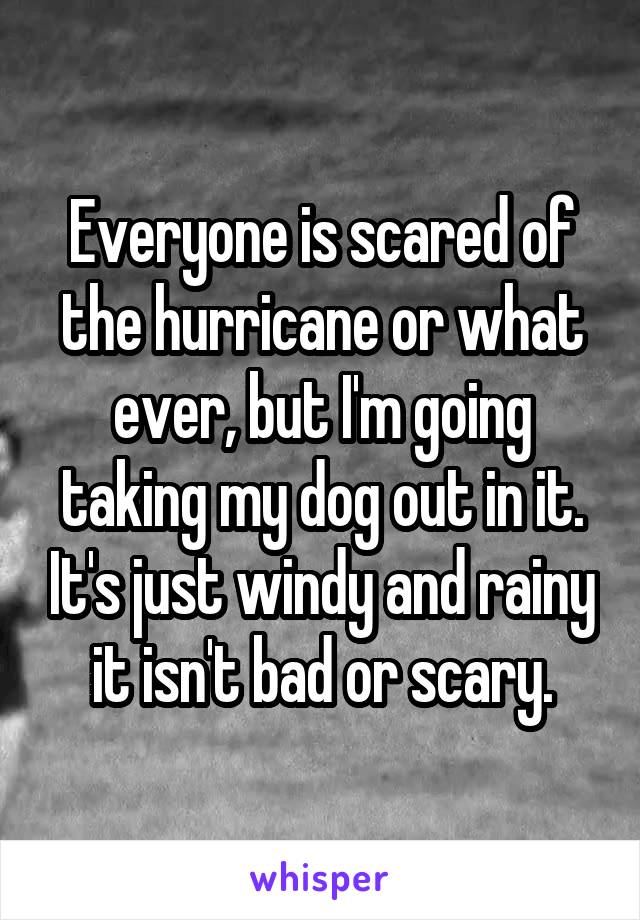 Everyone is scared of the hurricane or what ever, but I'm going taking my dog out in it. It's just windy and rainy it isn't bad or scary.