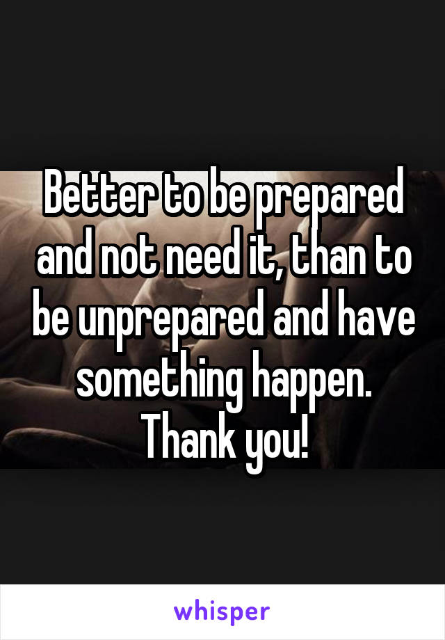 Better to be prepared and not need it, than to be unprepared and have something happen. Thank you!