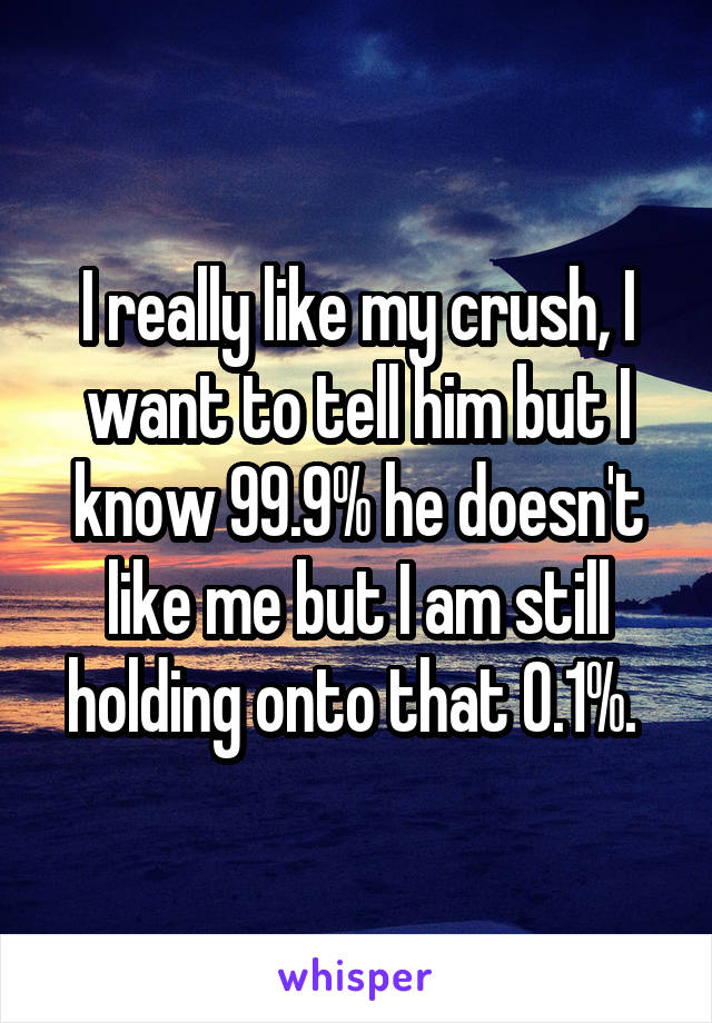 I really like my crush, I want to tell him but I know 99.9% he doesn't like me but I am still holding onto that 0.1%. 