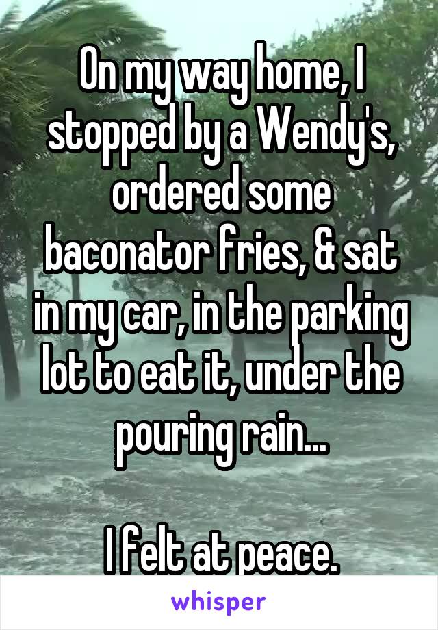 On my way home, I stopped by a Wendy's, ordered some baconator fries, & sat in my car, in the parking lot to eat it, under the pouring rain...

I felt at peace.