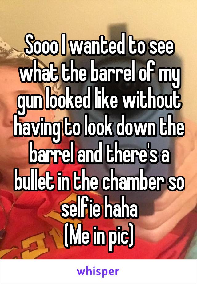 Sooo I wanted to see what the barrel of my gun looked like without having to look down the barrel and there's a bullet in the chamber so selfie haha
(Me in pic)