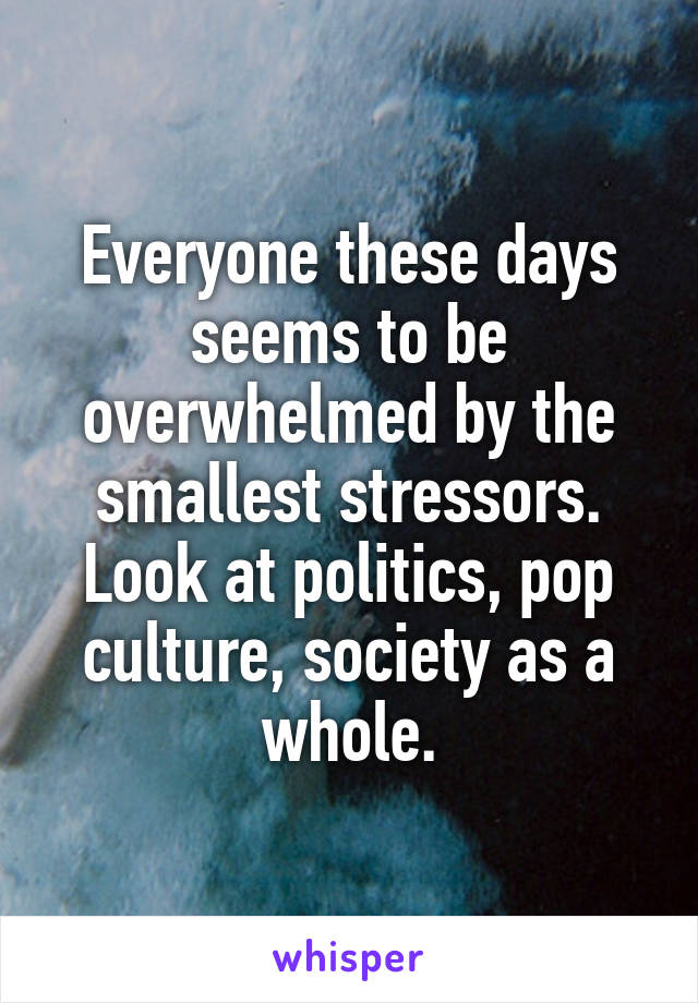 Everyone these days seems to be overwhelmed by the smallest stressors. Look at politics, pop culture, society as a whole.