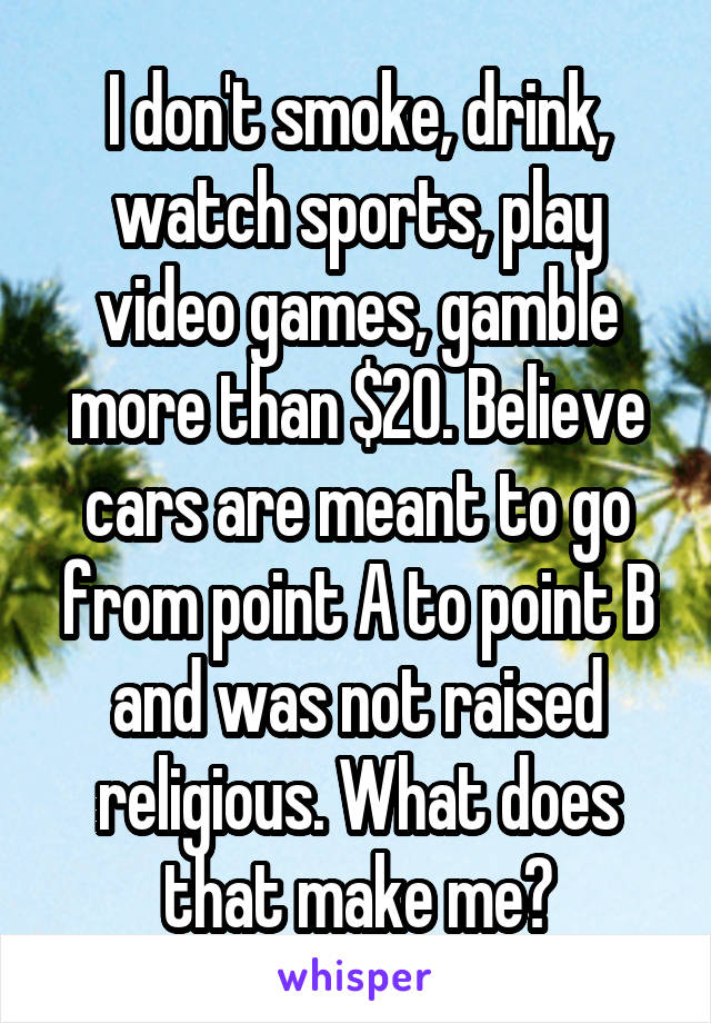 I don't smoke, drink,
watch sports, play video games, gamble more than $20. Believe cars are meant to go from point A to point B and was not raised religious. What does that make me?