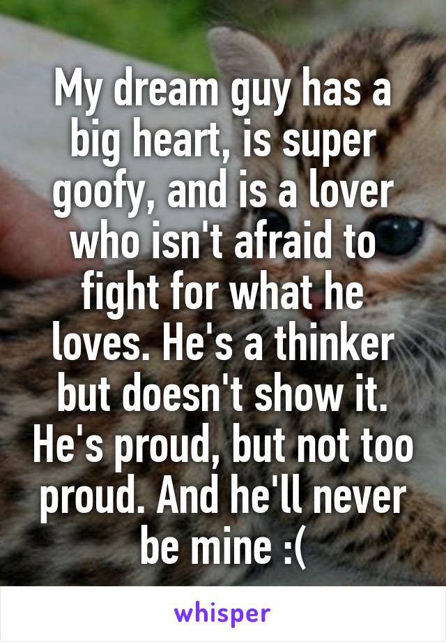 My dream guy has a big heart, is super goofy, and is a lover who isn't afraid to fight for what he loves. He's a thinker but doesn't show it. He's proud, but not too proud. And he'll never be mine :(