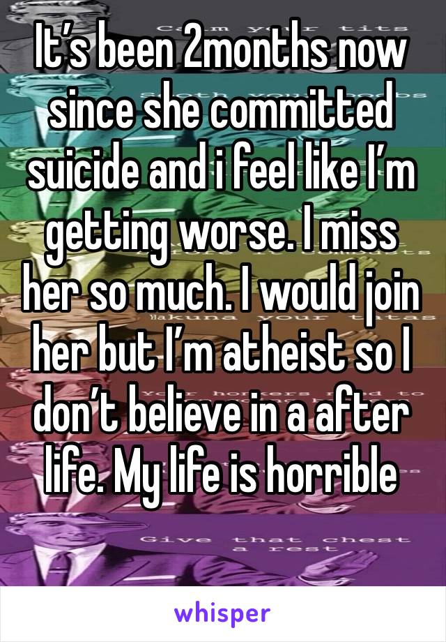 It’s been 2months now since she committed suicide and i feel like I’m getting worse. I miss her so much. I would join her but I’m atheist so I don’t believe in a after life. My life is horrible 