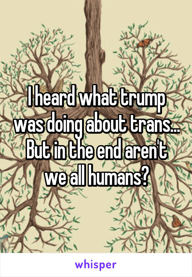 I heard what trump was doing about trans...
But in the end aren't we all humans?