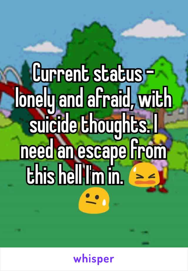 Current status - lonely and afraid, with suicide thoughts. I need an escape from this hell I'm in. 😫😓