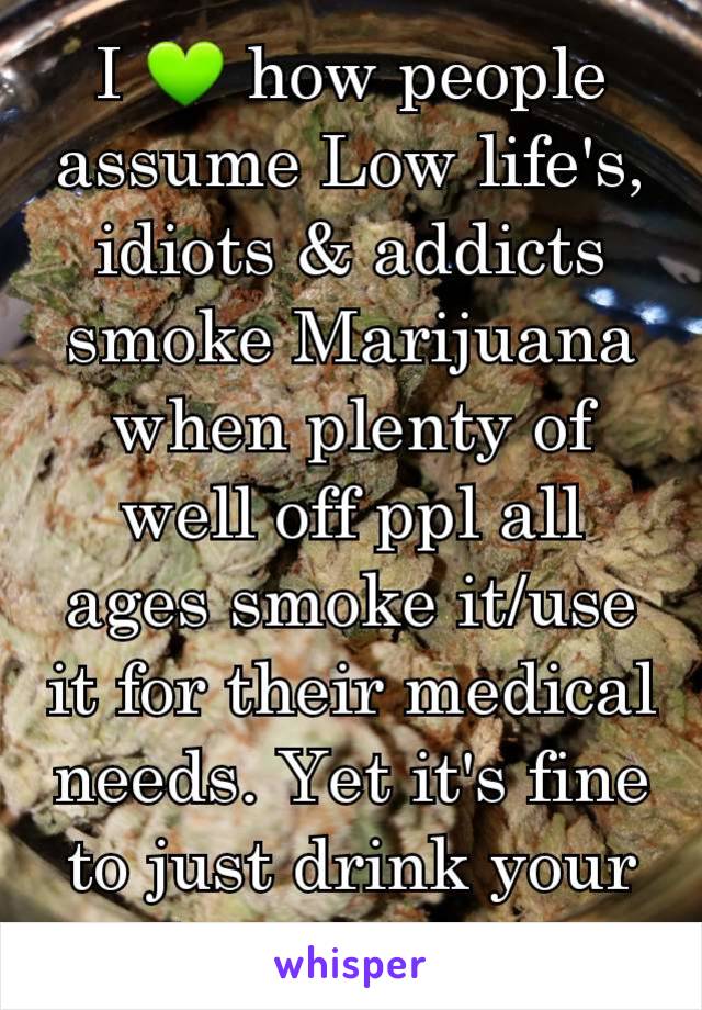 I 💚 how people assume Low life's, idiots & addicts smoke Marijuana when plenty of well off ppl all ages smoke it/use it for their medical needs. Yet it's fine to just drink your liver away. 