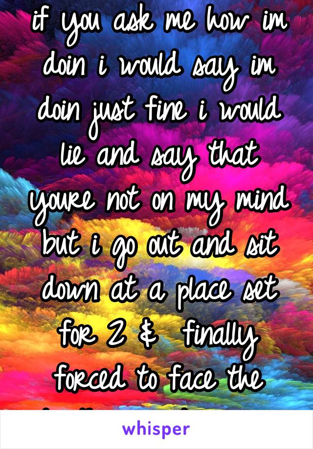 if you ask me how im doin i would say im doin just fine i would lie and say that youre not on my mind but i go out and sit down at a place set for 2 &  finally forced to face the truth. im not over u.