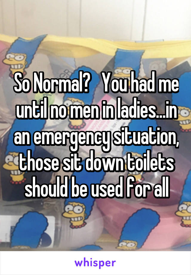 So Normal?   You had me until no men in ladies...in an emergency situation, those sit down toilets should be used for all