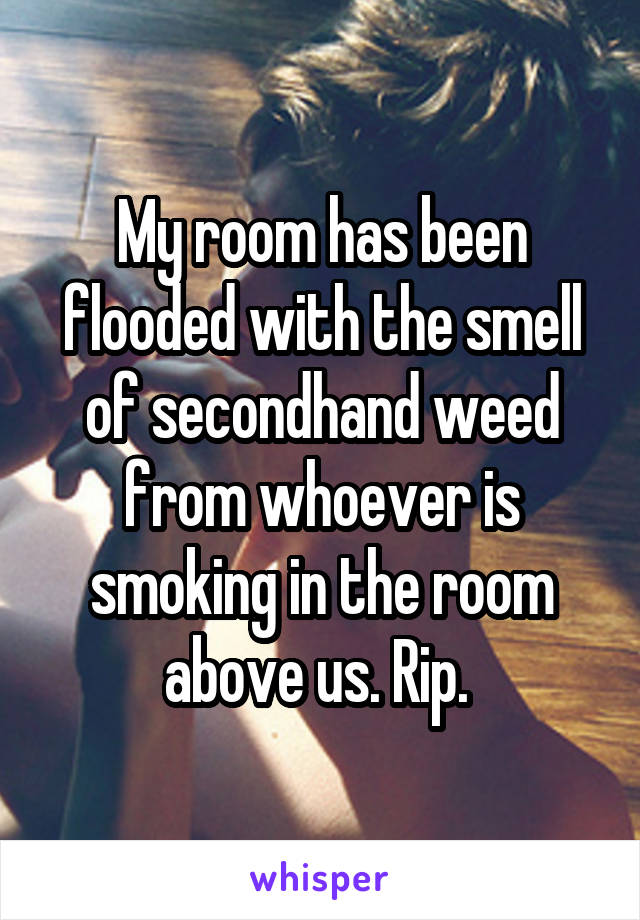 My room has been flooded with the smell of secondhand weed from whoever is smoking in the room above us. Rip. 