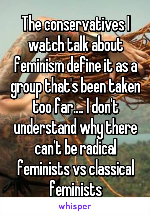 The conservatives I watch talk about feminism define it as a group that's been taken too far.... I don't understand why there can't be radical feminists vs classical feminists