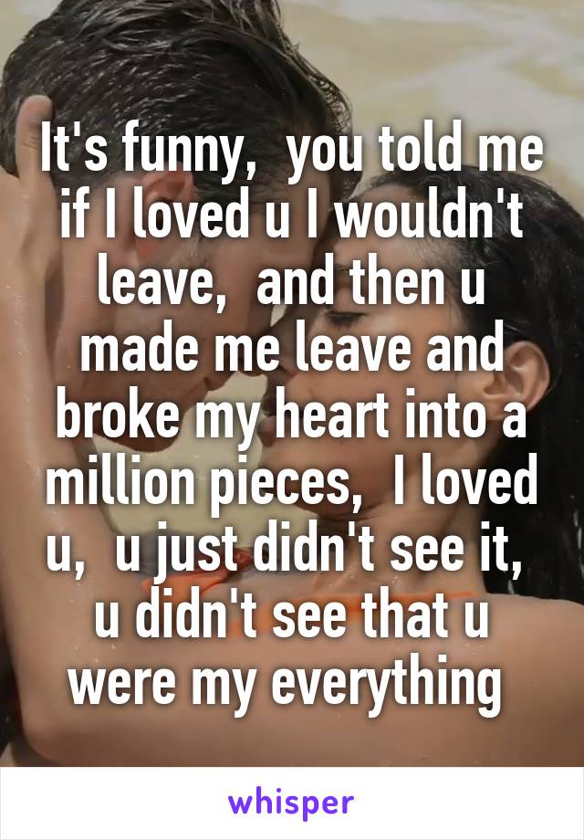 It's funny,  you told me if I loved u I wouldn't leave,  and then u made me leave and broke my heart into a million pieces,  I loved u,  u just didn't see it,  u didn't see that u were my everything 