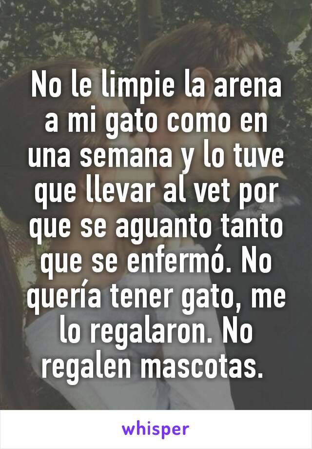 No le limpie la arena a mi gato como en una semana y lo tuve que llevar al vet por que se aguanto tanto que se enfermó. No quería tener gato, me lo regalaron. No regalen mascotas. 