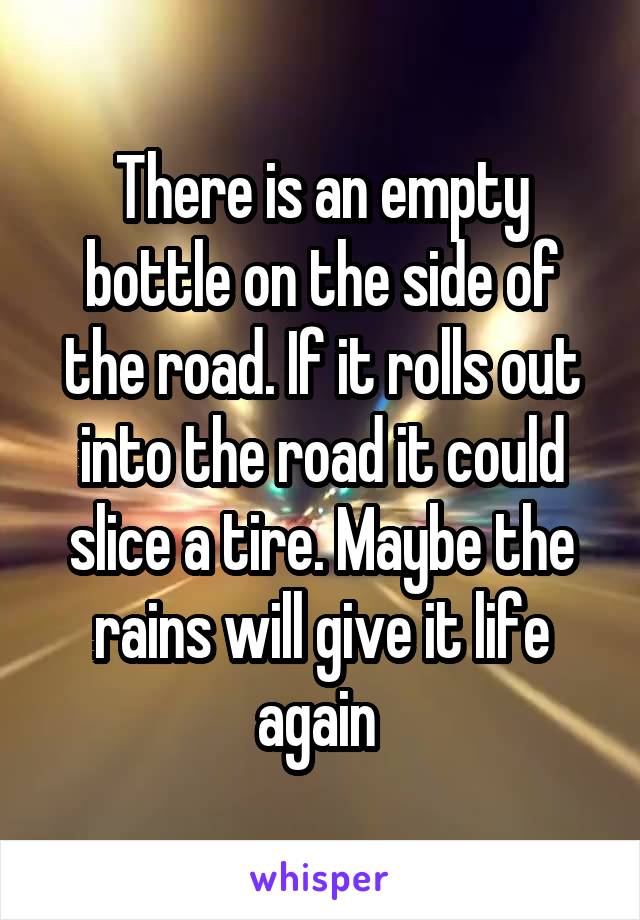 There is an empty bottle on the side of the road. If it rolls out into the road it could slice a tire. Maybe the rains will give it life again 