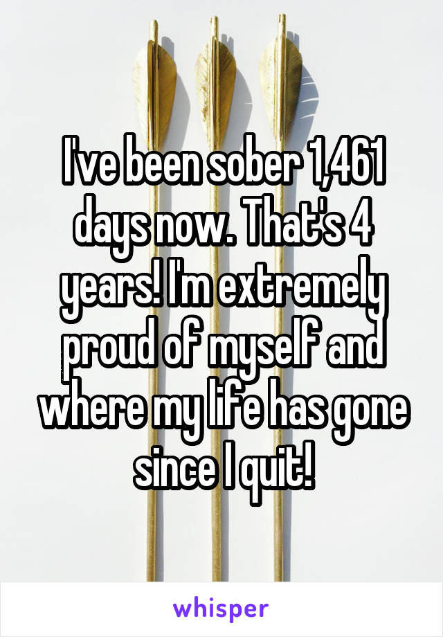 I've been sober 1,461 days now. That's 4 years! I'm extremely proud of myself and where my life has gone since I quit!