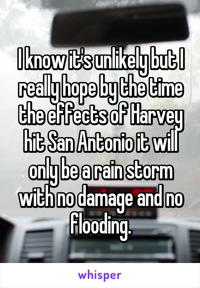 I know it's unlikely but I really hope by the time the effects of Harvey hit San Antonio it will only be a rain storm with no damage and no flooding.