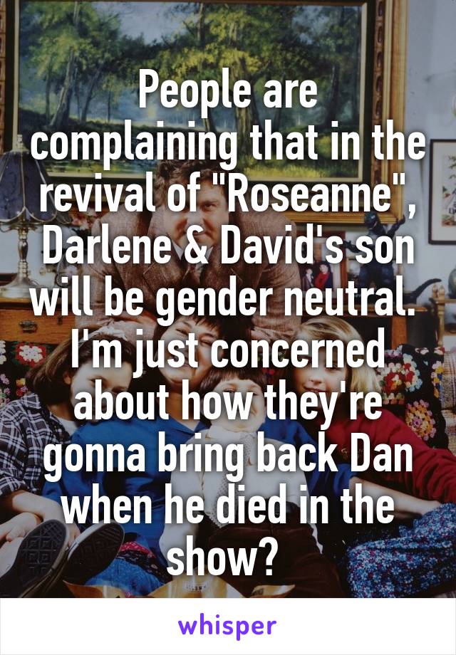 People are complaining that in the revival of "Roseanne", Darlene & David's son will be gender neutral. 
I'm just concerned about how they're gonna bring back Dan when he died in the show? 